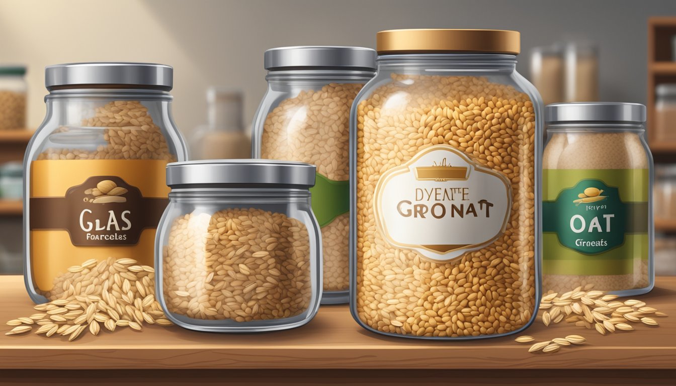 A glass jar filled with oat groats sits on a wooden shelf, surrounded by other food items. The jar is sealed with a metal lid, and a label indicates the date of purchase