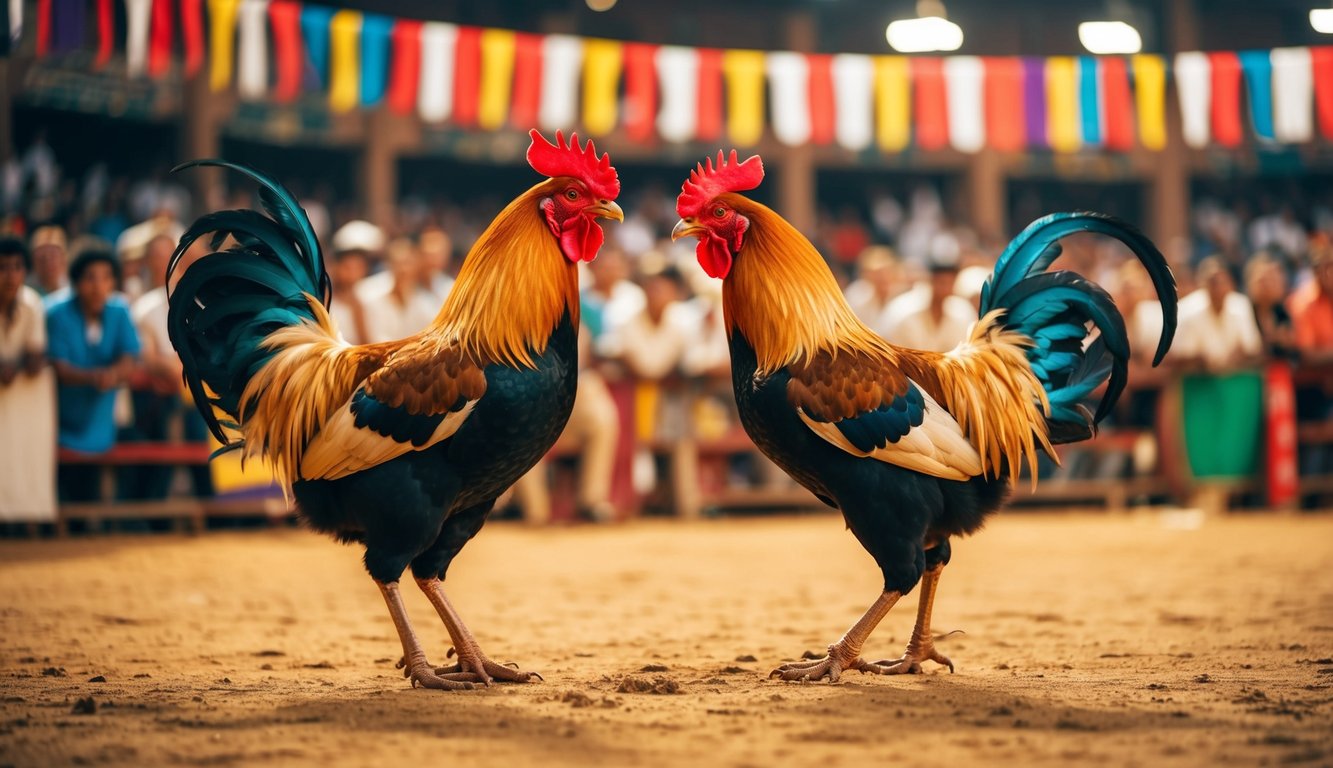 Dua ayam jantan berhadapan di arena sabung ayam tradisional, dikelilingi oleh penonton yang bersorak dan spanduk berwarna-warni