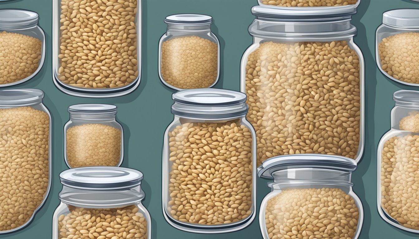 A glass jar filled with oat groats sealed with a lid, placed in a cool, dry pantry