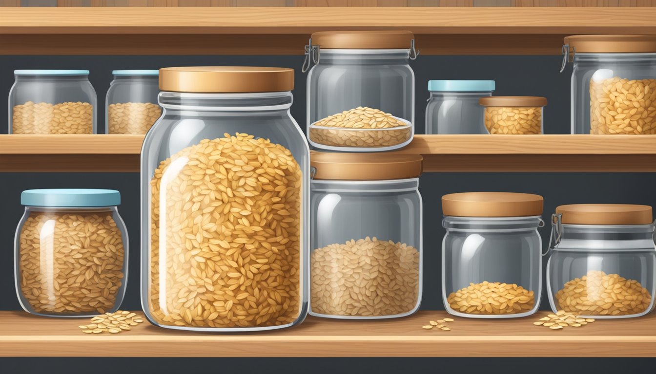 A glass jar filled with oats, sealed with a lid, sitting on a wooden shelf in a pantry