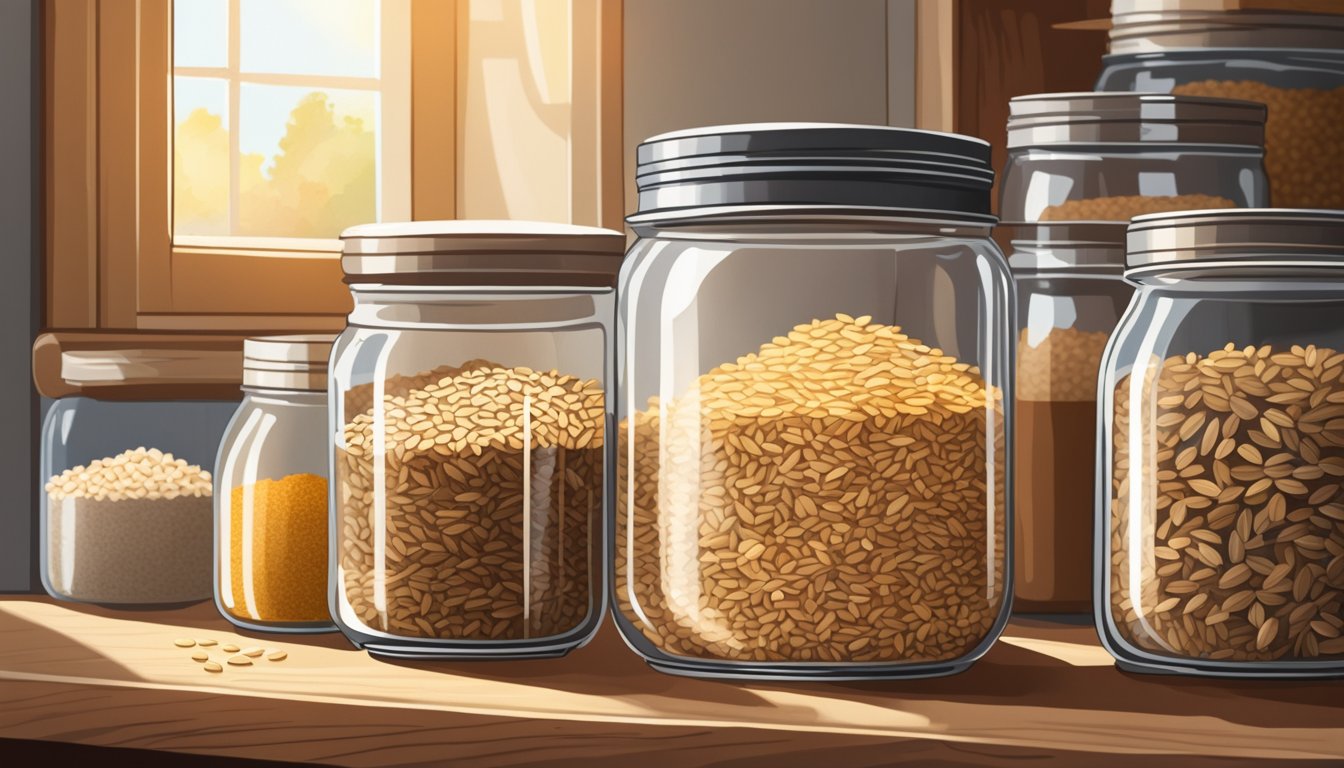 A mason jar filled with oat groats sits on a shelf, surrounded by other pantry staples. Sunlight streams in through a nearby window, casting a warm glow on the grains