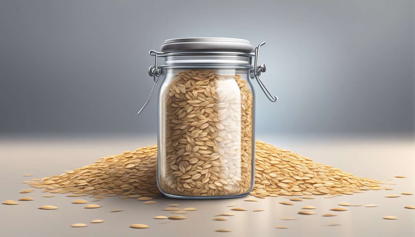 A clear glass jar filled with oats, sealed with a metal lid. The oats are dry and free from any signs of moisture or mold