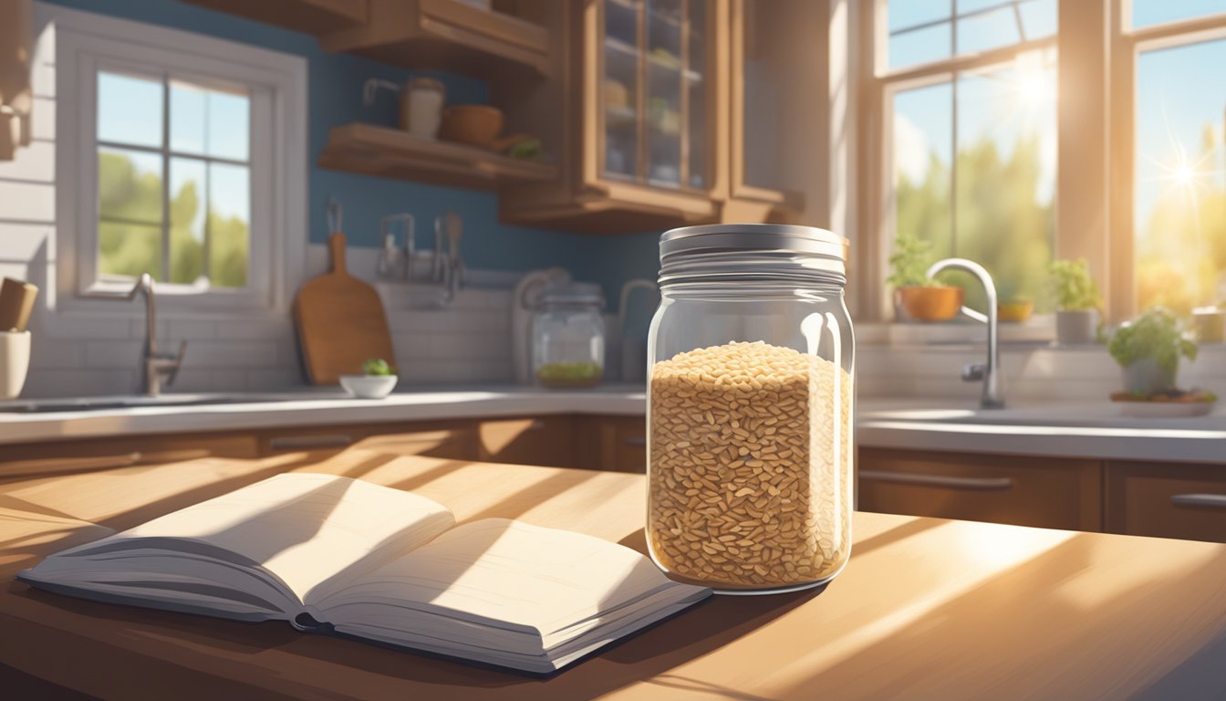 A mason jar filled with oat groats sits on a kitchen counter, next to a recipe book and a measuring cup. Sunlight streams in through the window, casting a warm glow on the scene