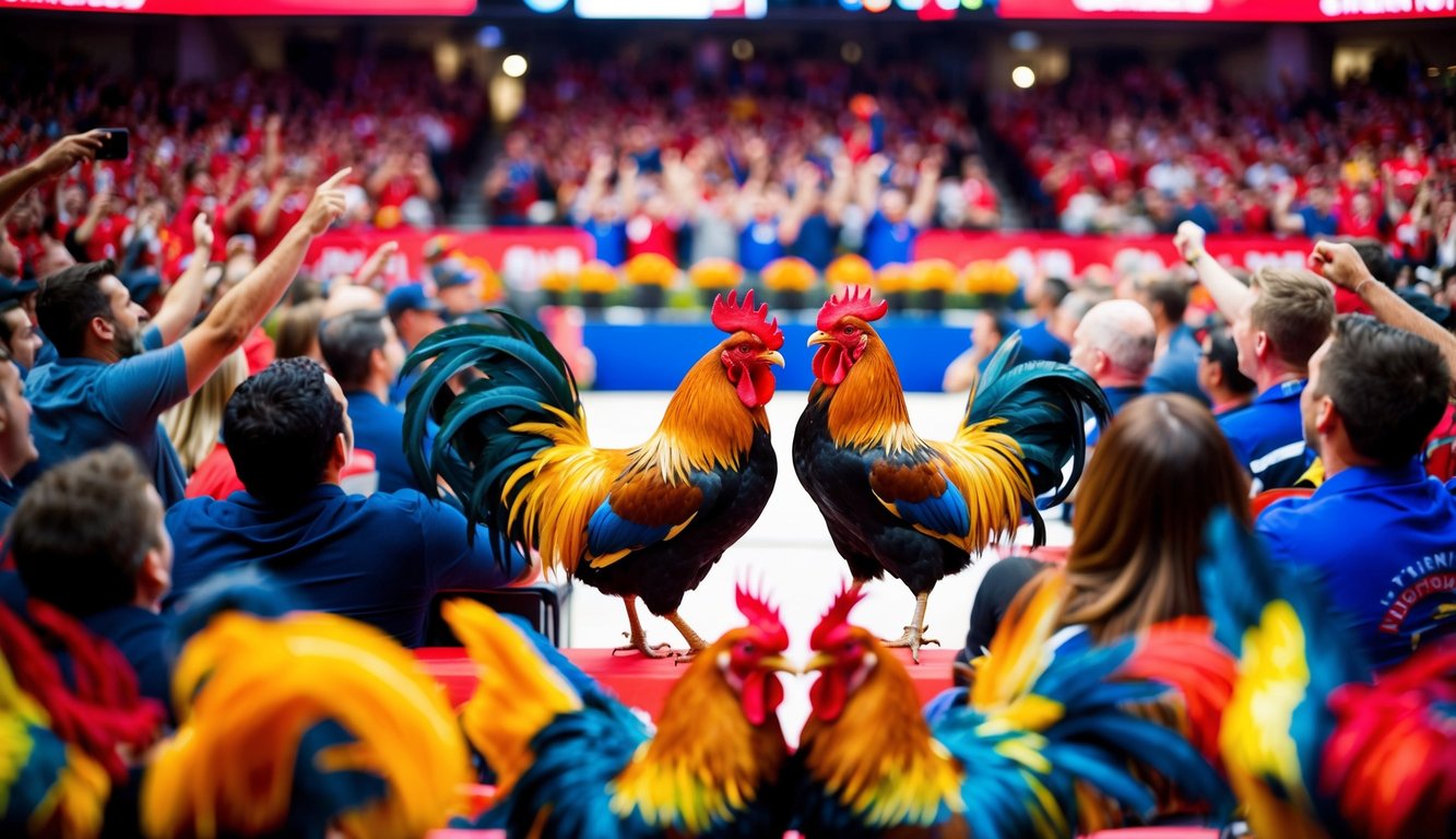 Sebuah arena yang hidup dan ramai dengan kerumunan yang bersorak, ayam jantan berwarna-warni di tengah, dan energi kompetitif yang intens.