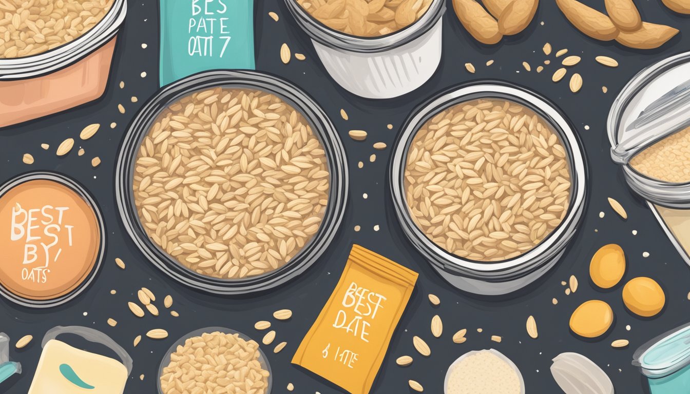 A sealed container of oats with a "best by" date visible, surrounded by other pantry staples