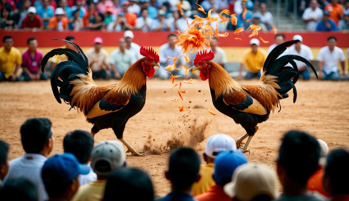 Sebuah arena yang ramai dengan penonton yang bersorak, dua ayam jantan saling berhadapan dalam pertarungan sengit, bulu-bulu beterbangan saat mereka bertarung dalam acara sabung ayam tradisional Indonesia