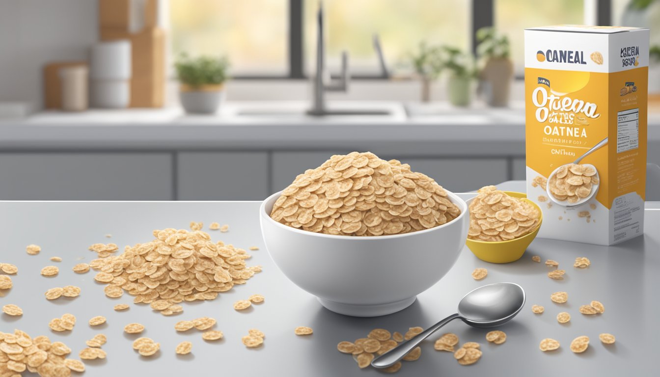 A bowl of Oatmeal Crisp cereal sits on a kitchen counter, surrounded by a few scattered oats and a spoon. The box of cereal is open, with a few flakes spilling out onto the counter