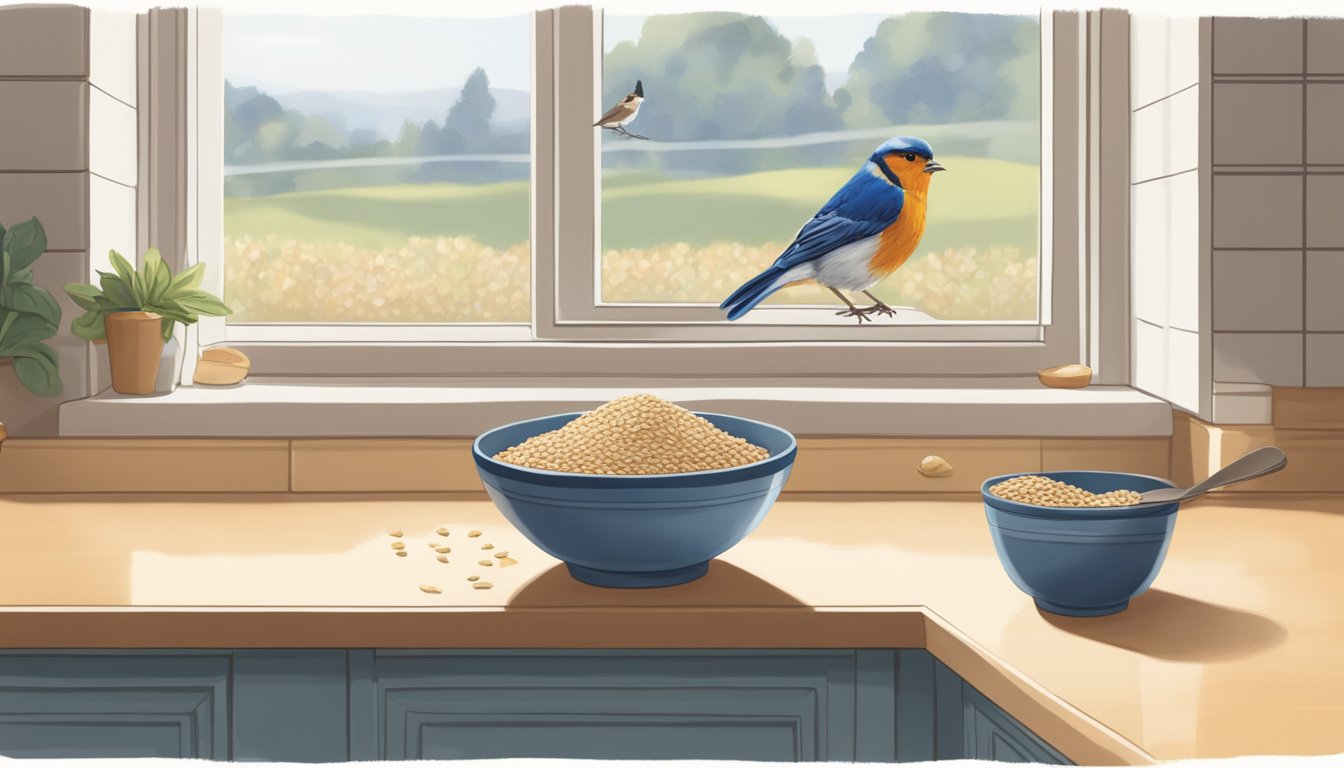 A bowl of stale oats sits untouched on a kitchen counter, while a small bird pecks at them through an open window