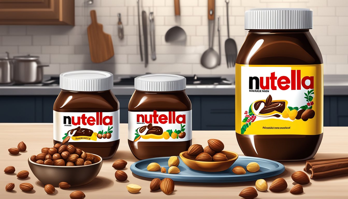 A jar of Nutella sits open on a kitchen counter, surrounded by hazelnuts, cocoa pods, and a jar of honey