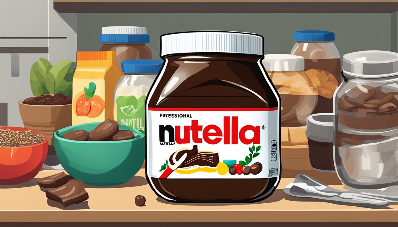 A jar of Nutella sits on a kitchen shelf, surrounded by other food items. The expiration date is clearly displayed on the label