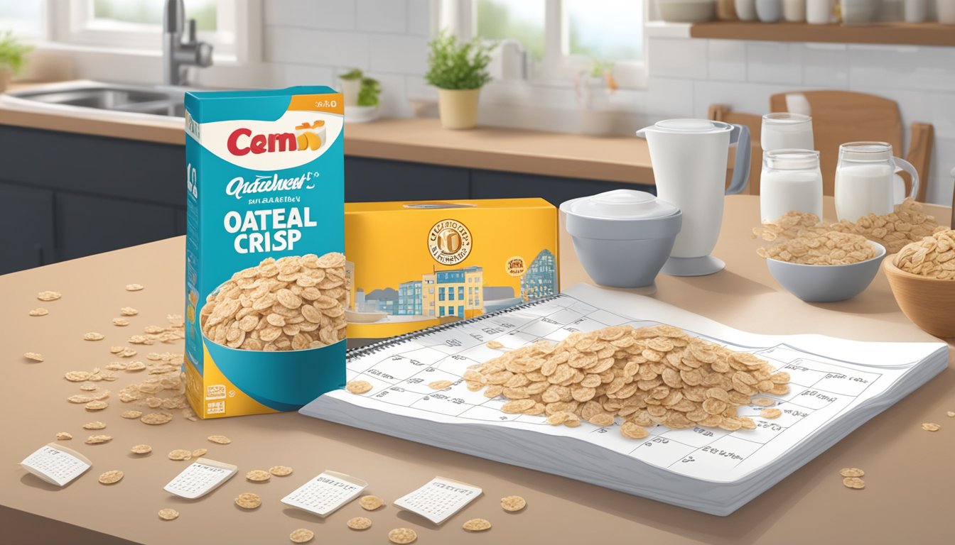 A box of Oatmeal Crisp cereal sits on a kitchen counter, next to a calendar with the current date circled. The cereal box is open, with a few flakes spilling out onto the counter