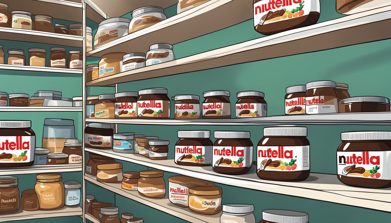 A jar of Nutella sits on a clean, organized pantry shelf, away from direct sunlight and heat sources