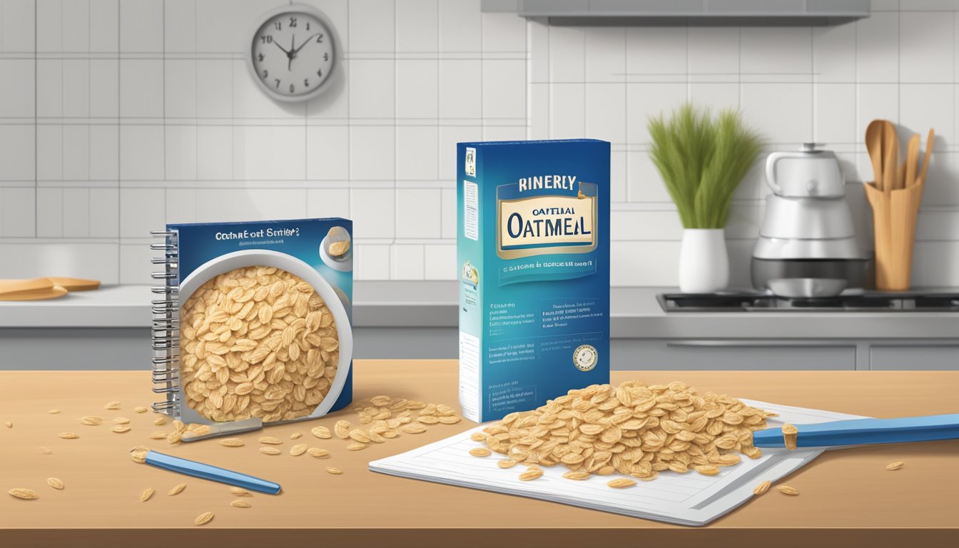 A box of Oatmeal Crisp cereal sits on a kitchen counter, surrounded by a calendar and a clock to indicate the passage of time