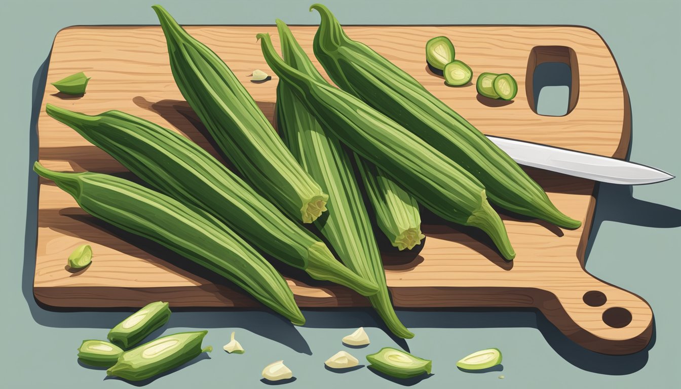 A fresh okra pod rests on a wooden cutting board next to a knife and a pile of trimmed okra pieces