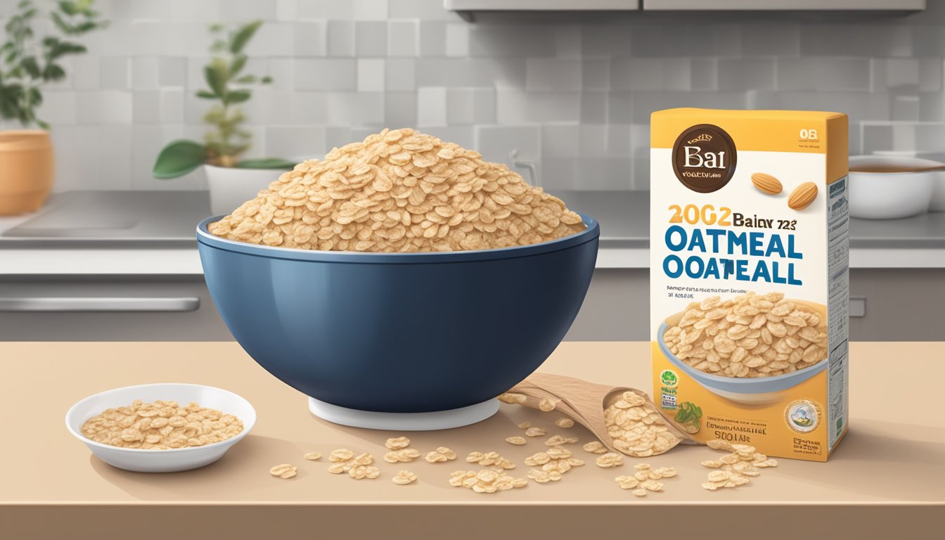 A bowl of Oatmeal Crisp cereal sits on a kitchen counter, next to a box with an expiration date visible