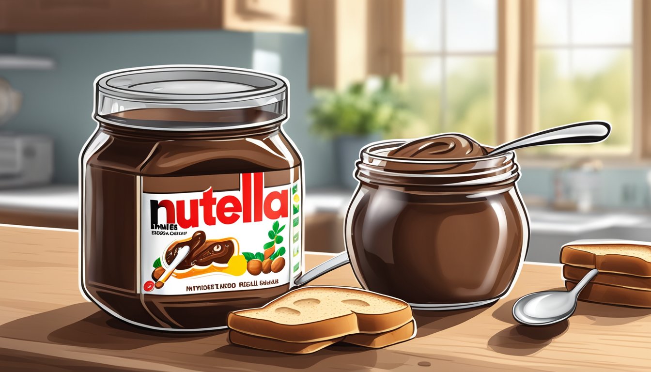 An open jar of Nutella on a kitchen counter, surrounded by a few empty bread slices and a spoon with a dollop of spread