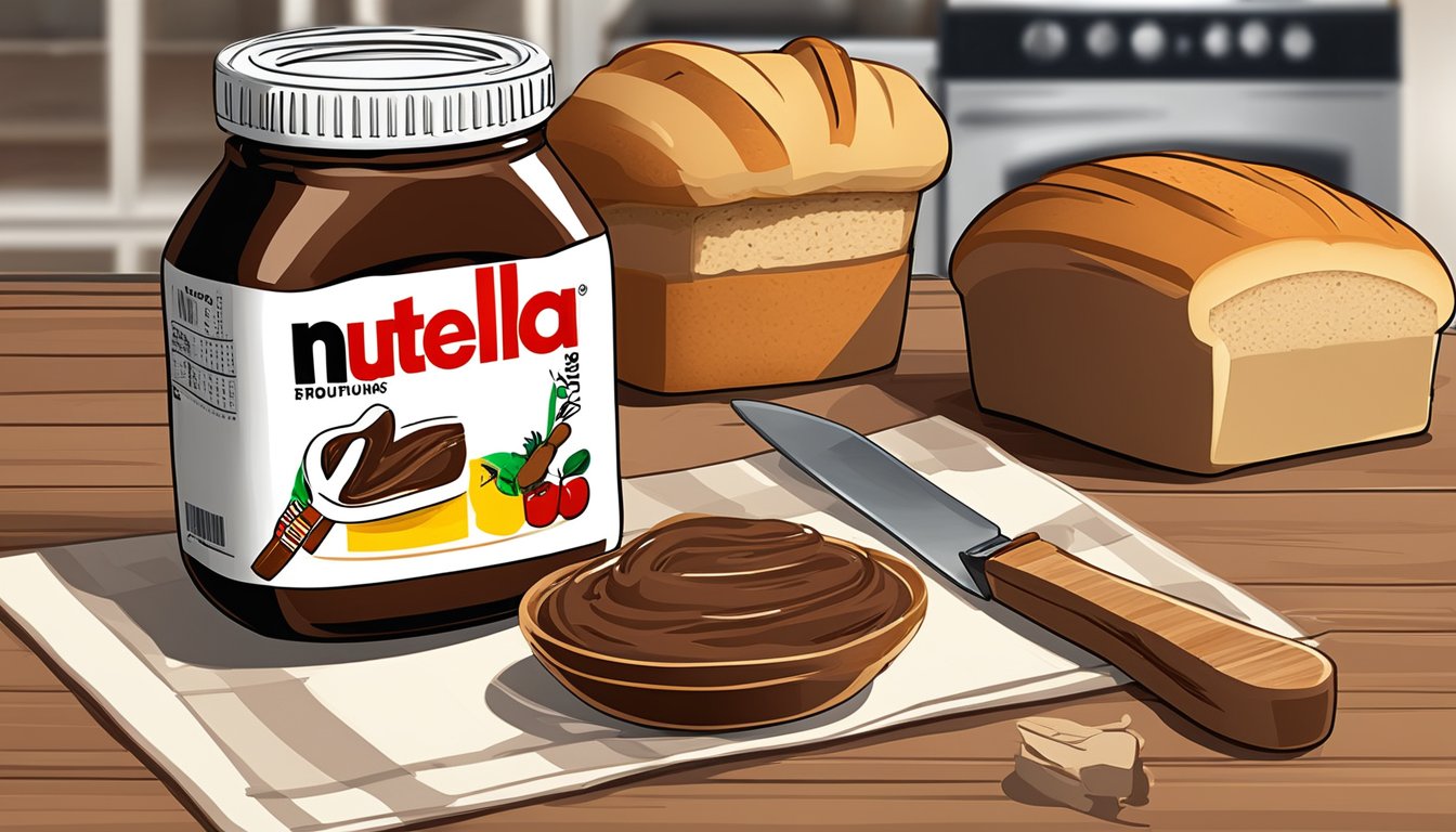 A jar of Nutella sits on a kitchen counter, surrounded by a loaf of bread, a knife, and a calendar marked with expiration dates