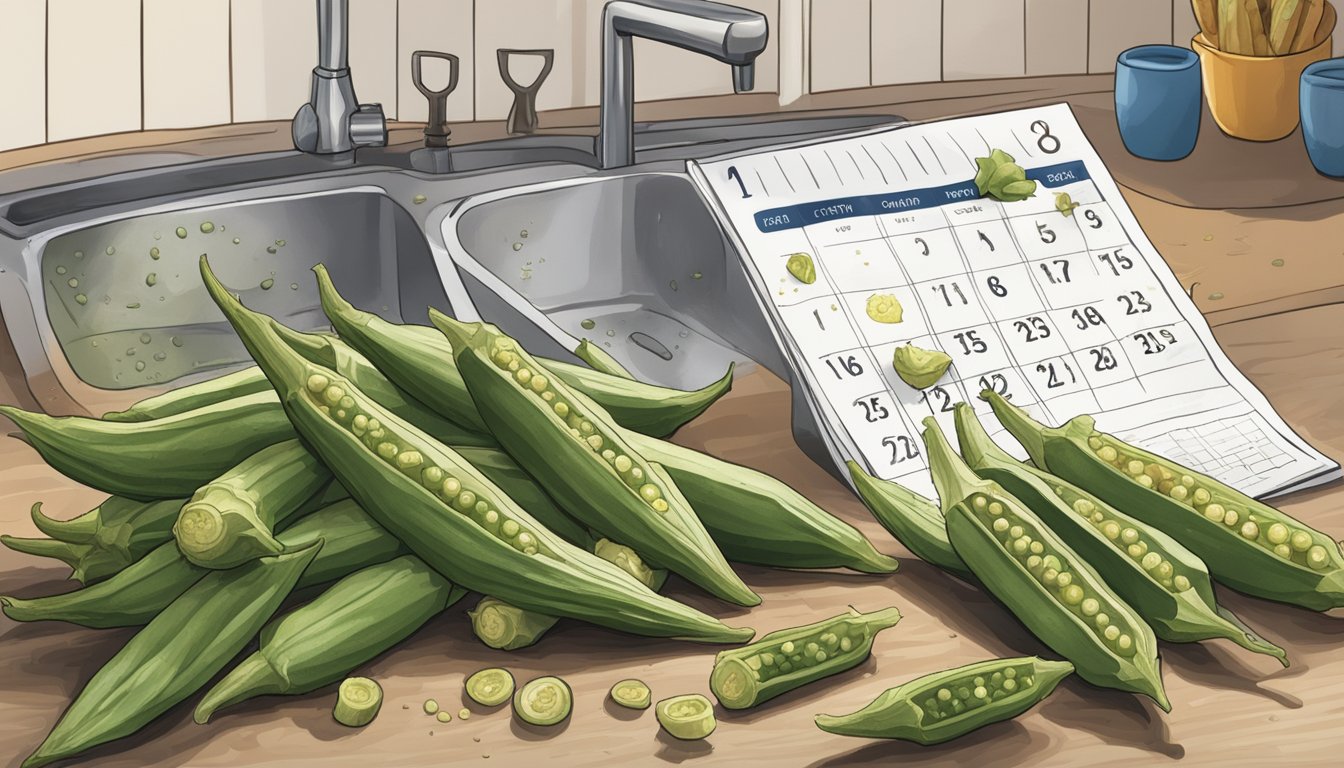 A pile of okra in various stages of decay, from fresh to moldy, sits on a kitchen counter next to a calendar