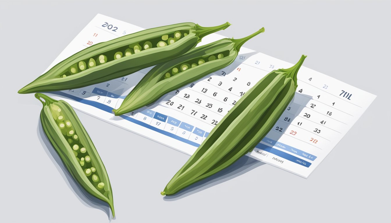 A fresh okra pod sits on a clean, white countertop next to a calendar showing the current date