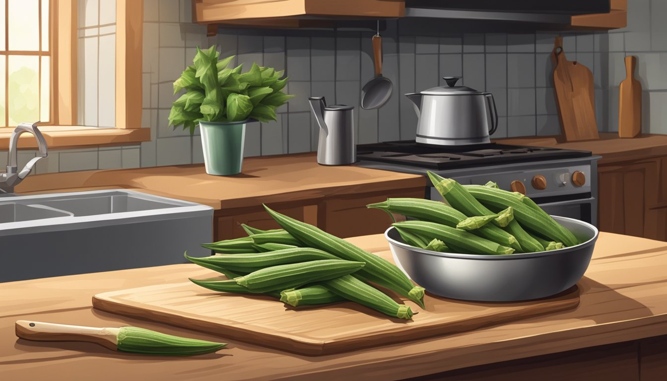 Fresh okra in a rustic kitchen setting, with a bowl of okra, cutting board, knife, and a pot on the stove