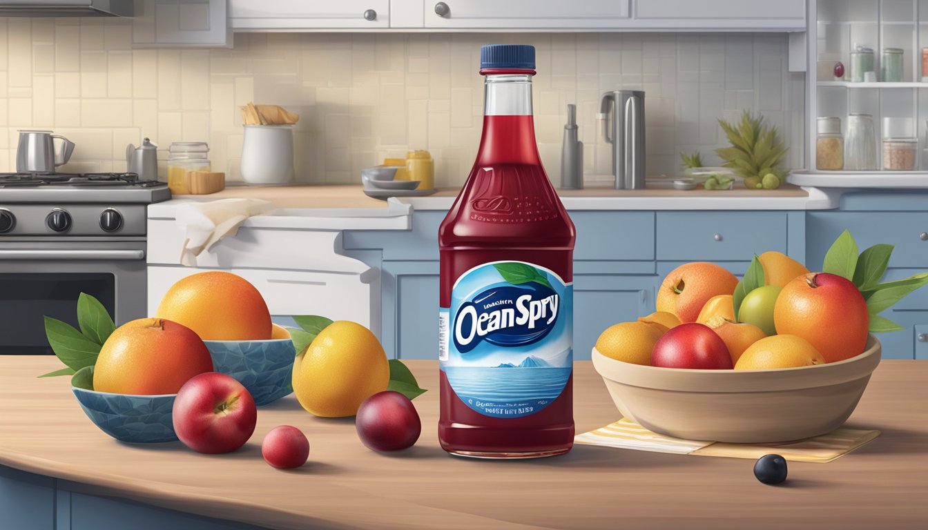 A bottle of Ocean Spray Cranberry Juice sits on a kitchen counter, surrounded by various fruits and a calendar showing the current date