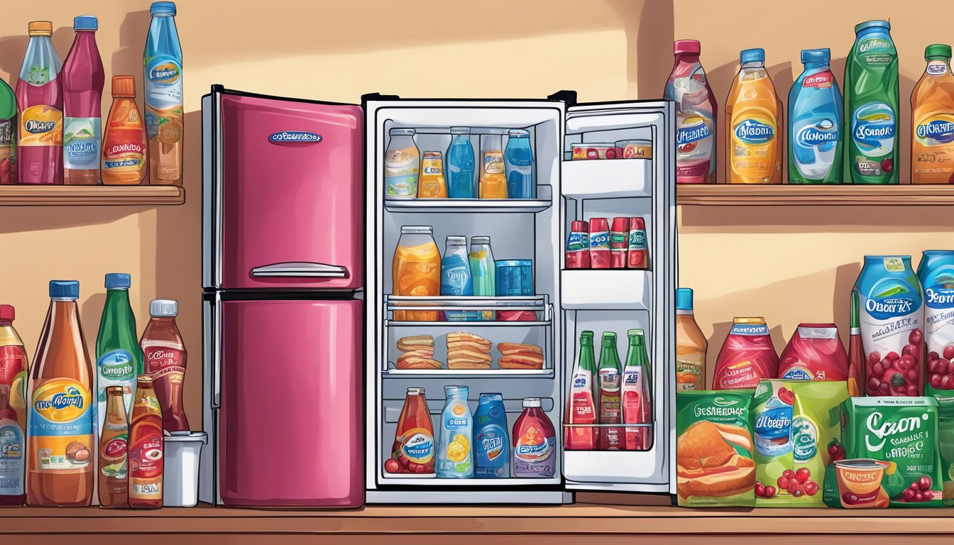 A refrigerator shelf with a bottle of Ocean Spray Cranberry Juice, surrounded by other beverages and food items