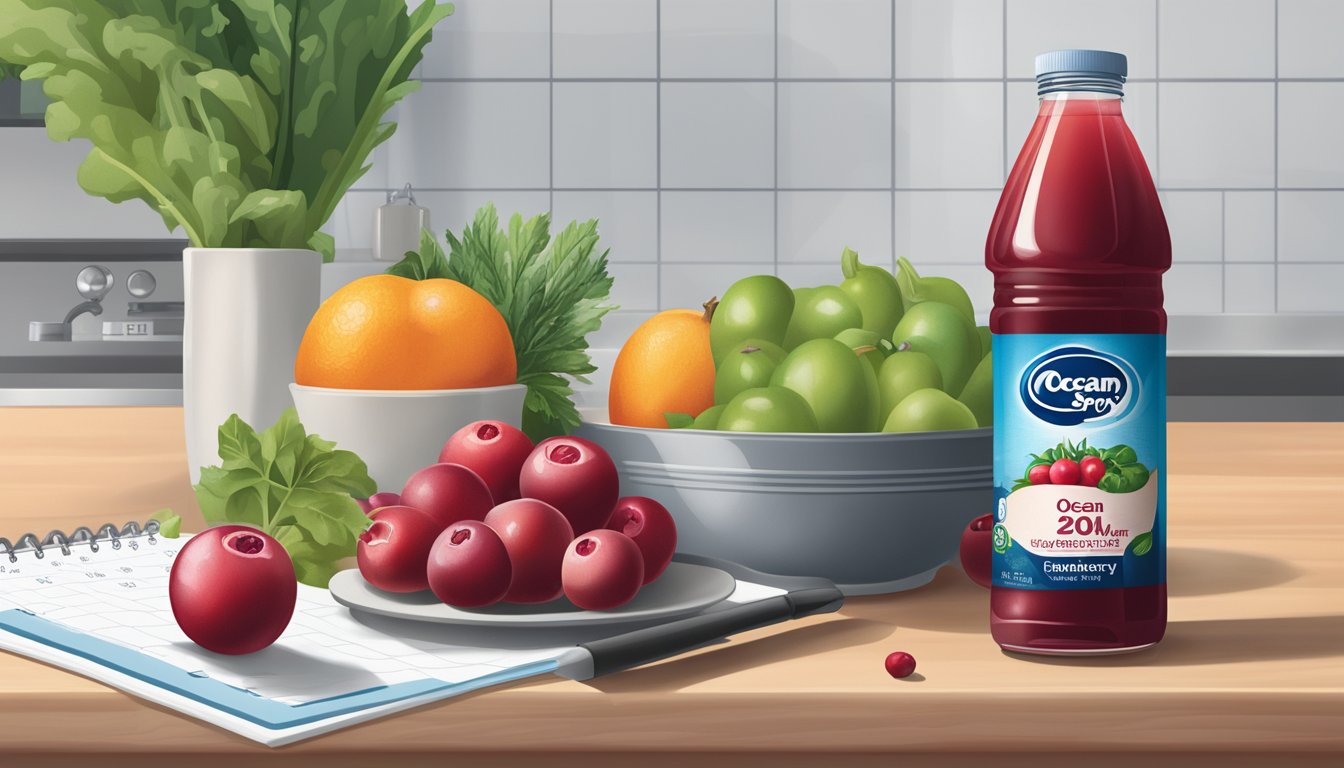 A bottle of Ocean Spray Cranberry Juice sits on a kitchen counter, next to a calendar marking the purchase date. The juice is surrounded by various fresh fruits and vegetables