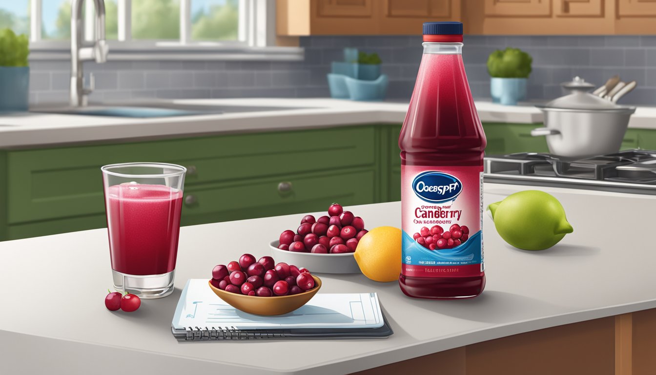 A bottle of Ocean Spray Cranberry Juice sits on a kitchen counter next to a calendar. The juice is surrounded by fresh cranberries and a glass of the juice with ice