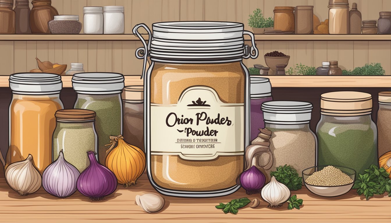 A jar of onion powder sits on a kitchen shelf, surrounded by various spices and ingredients. The label on the jar indicates the expiration date