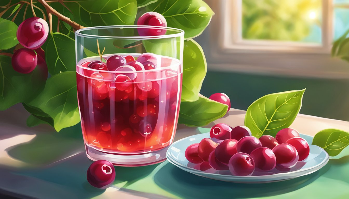 A glass of Ocean Spray Cranberry Juice sits on a table, surrounded by fresh cranberries and a vibrant green leaf. The sunlight streams through the window, casting a warm glow on the scene