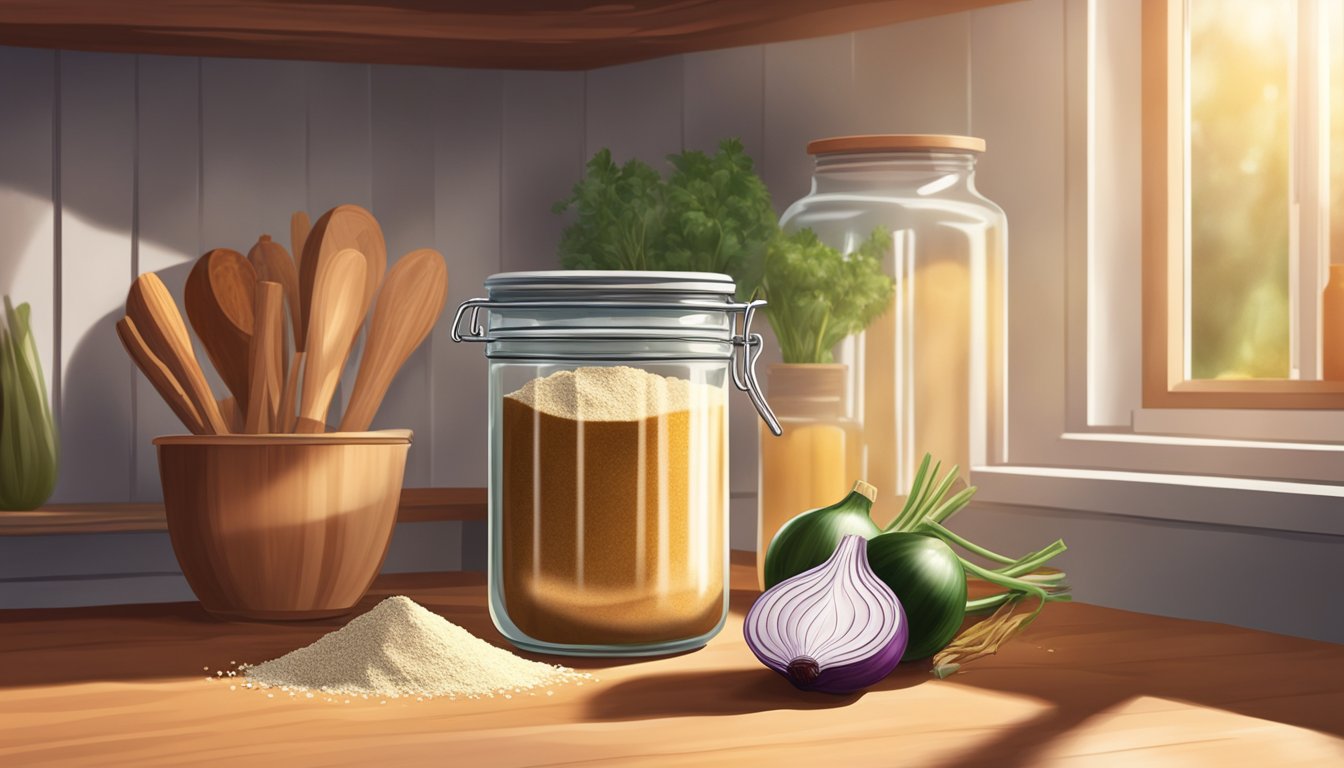 A glass jar of onion powder sits on a kitchen shelf, surrounded by other spices and ingredients. Rays of sunlight filter through the window, casting a warm glow on the jar