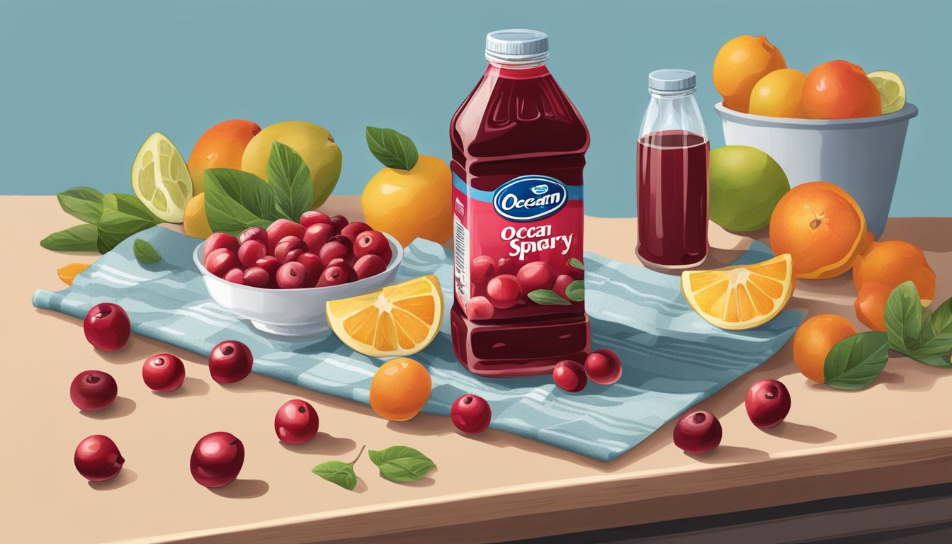 A half-empty bottle of Ocean Spray Cranberry Juice sits on a kitchen counter, surrounded by discarded fruit peels and spoiled produce