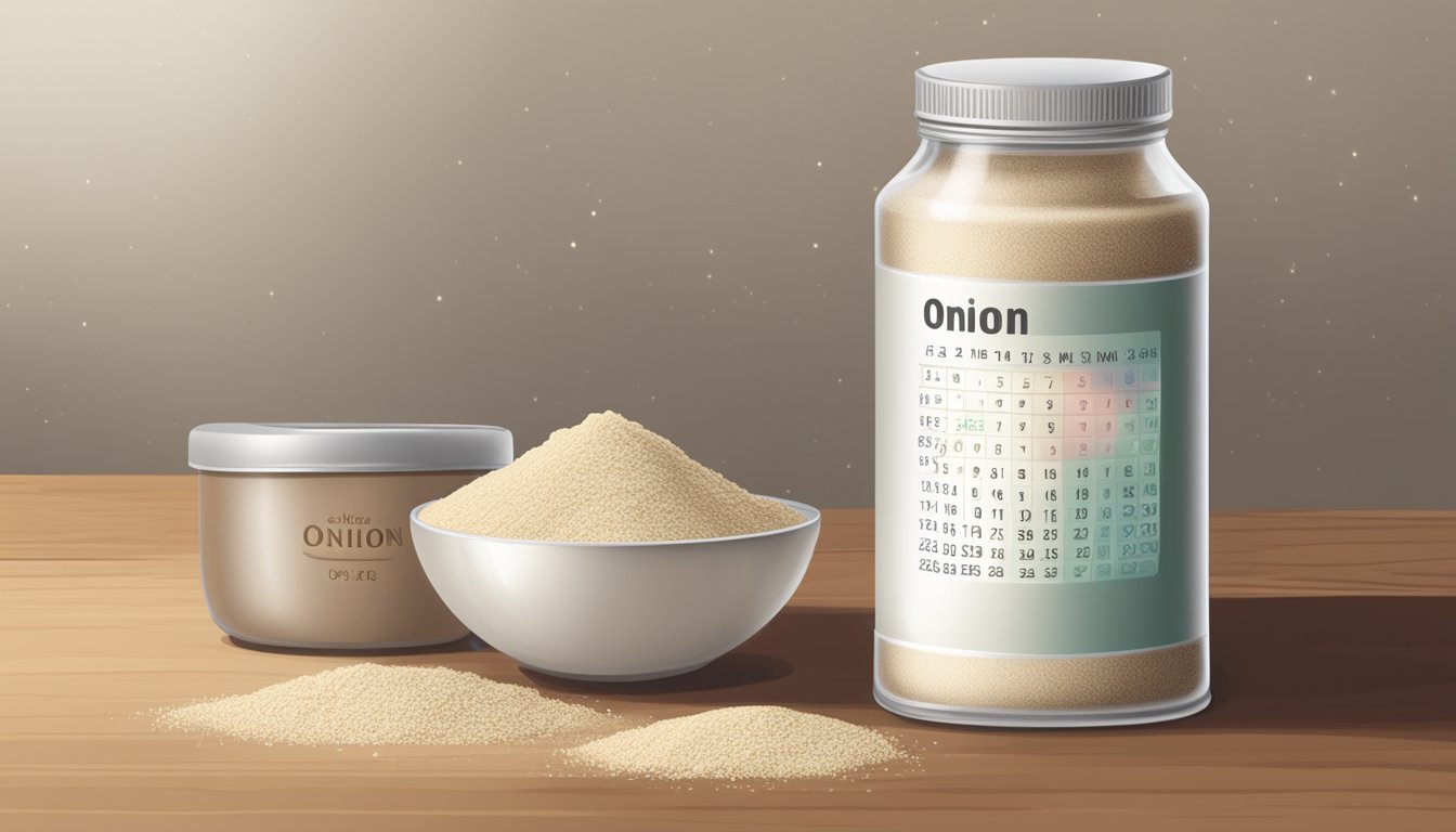 An open container of onion powder with visible clumping and discoloration. A calendar with past dates crossed off in the background