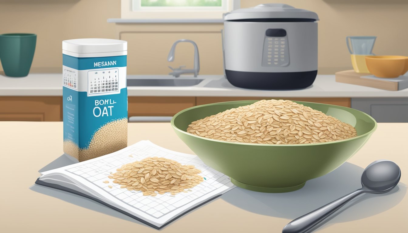 A bowl of oat bran sits on a kitchen counter next to a container of oats, with a calendar on the wall showing the current date