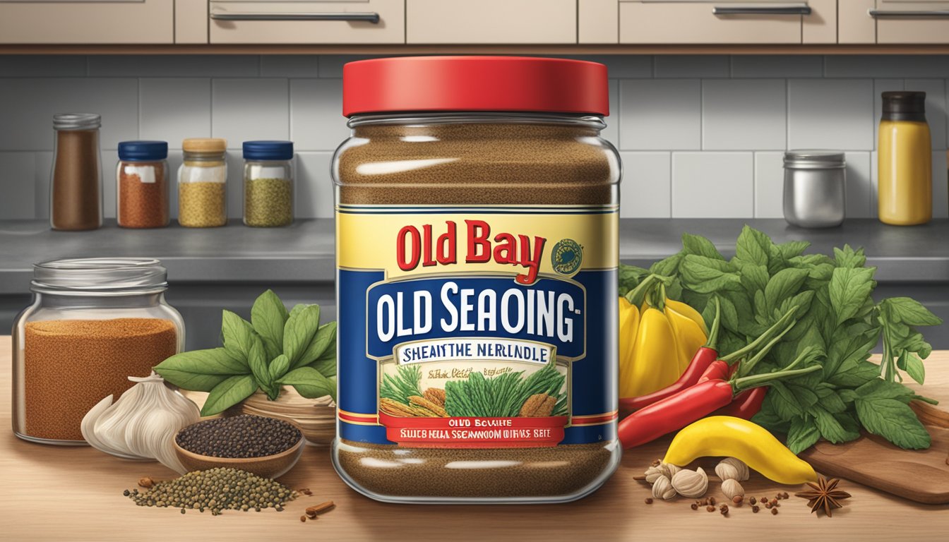 A jar of Old Bay Seasoning sits on a kitchen counter, surrounded by various spices and herbs. The label is faded, indicating years of use