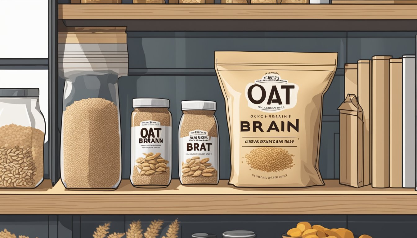 A sealed bag of oat bran sits on a pantry shelf, surrounded by other dry goods. The expiration date is visible on the packaging