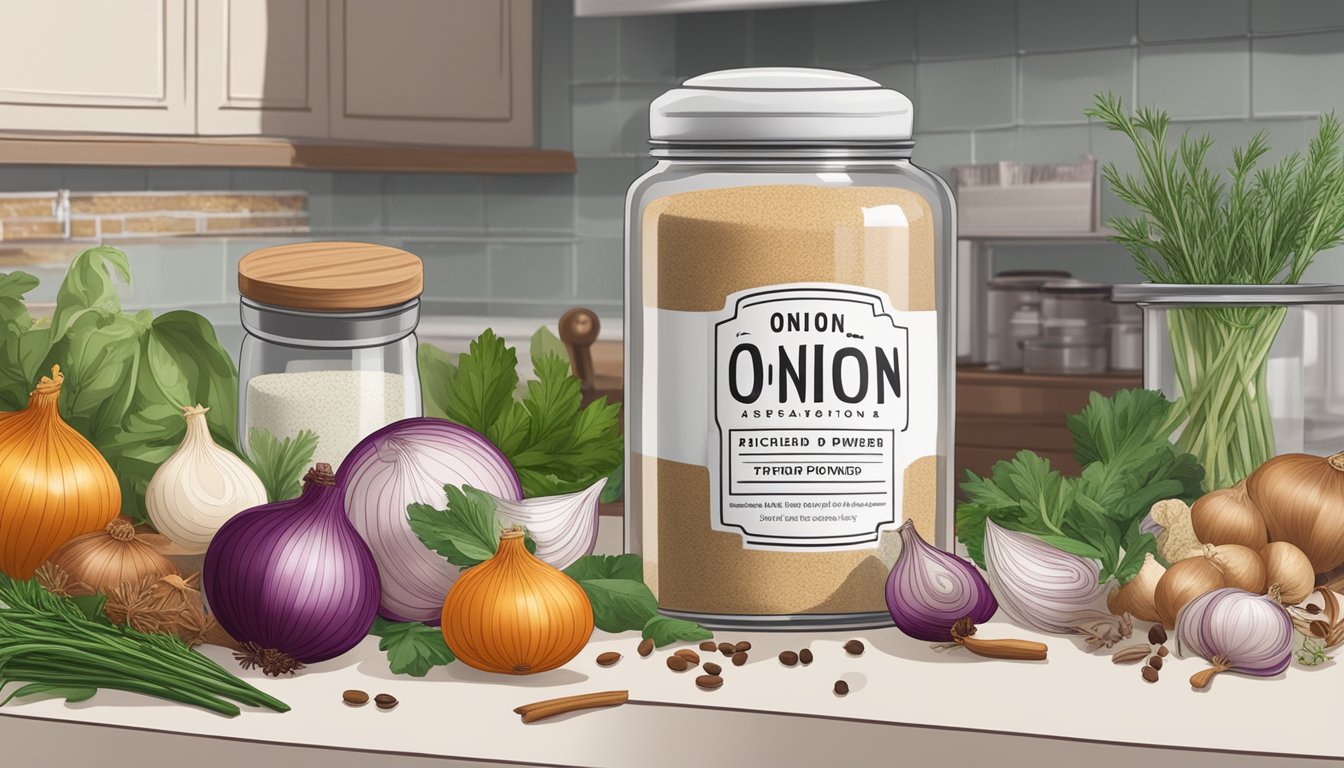 A jar of onion powder sits on a kitchen counter, surrounded by various spices and herbs. The label on the jar indicates the expiration date