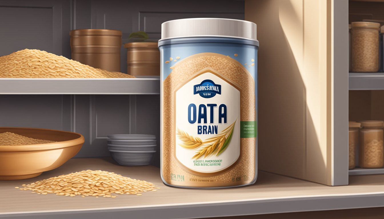 A sealed container of oat bran sits on a pantry shelf, away from direct sunlight and moisture