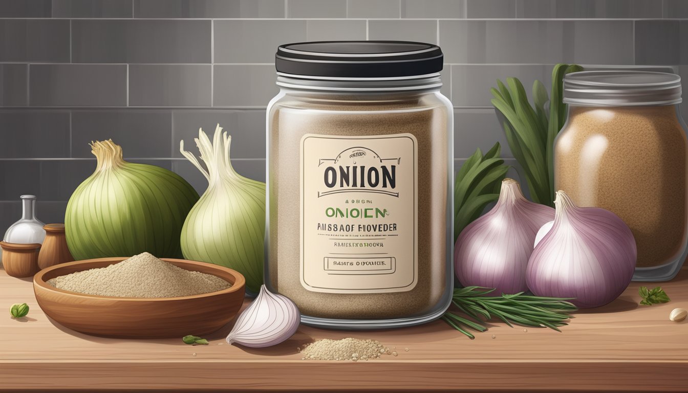 A jar of onion powder sits on a kitchen shelf, surrounded by other spices and ingredients. The lid is tightly sealed, and the powder inside appears fresh and dry