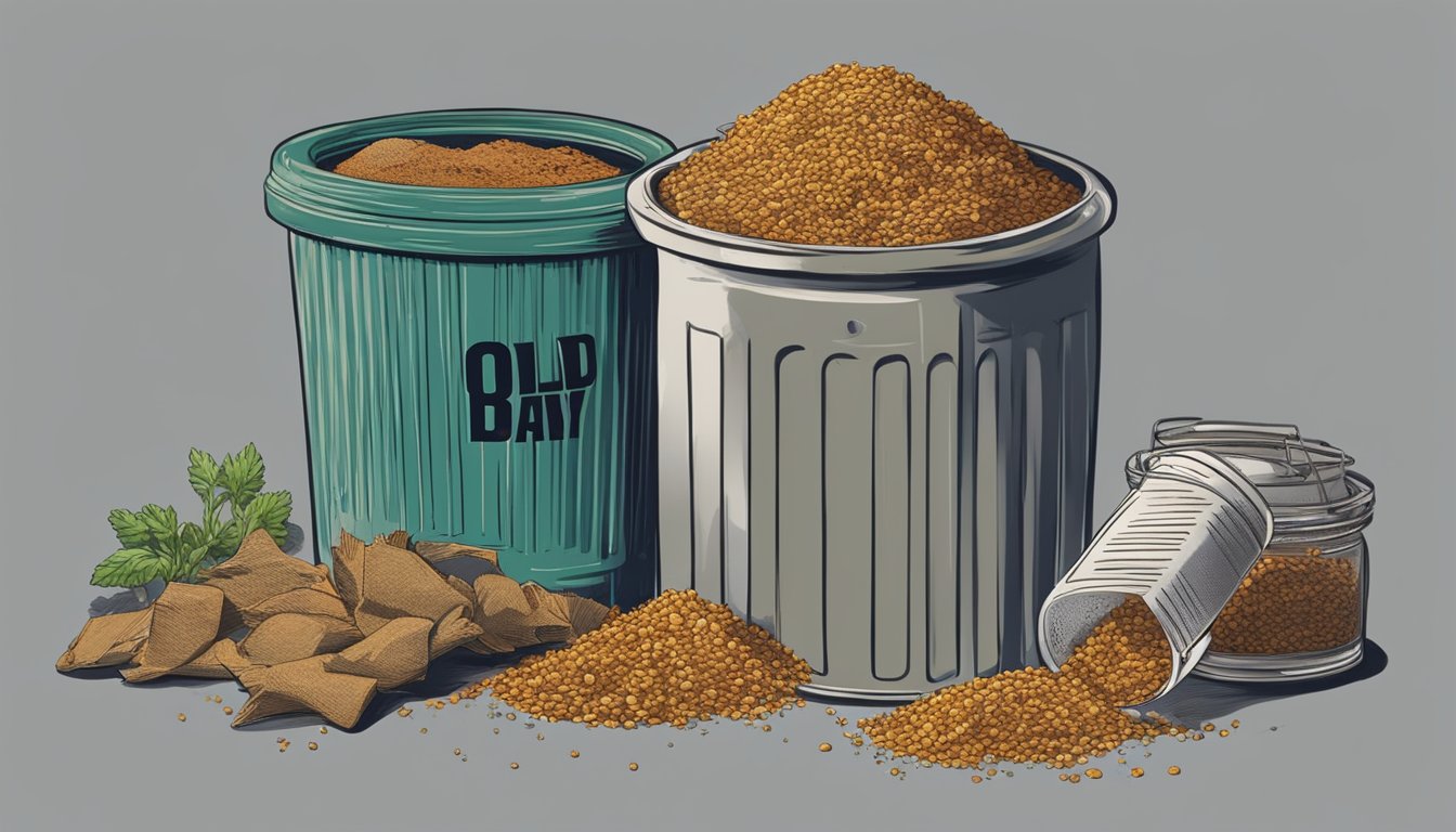 A jar of Old Bay Seasoning with a visible expiration date, next to a pile of expired herbs and spices being thrown into a trash can