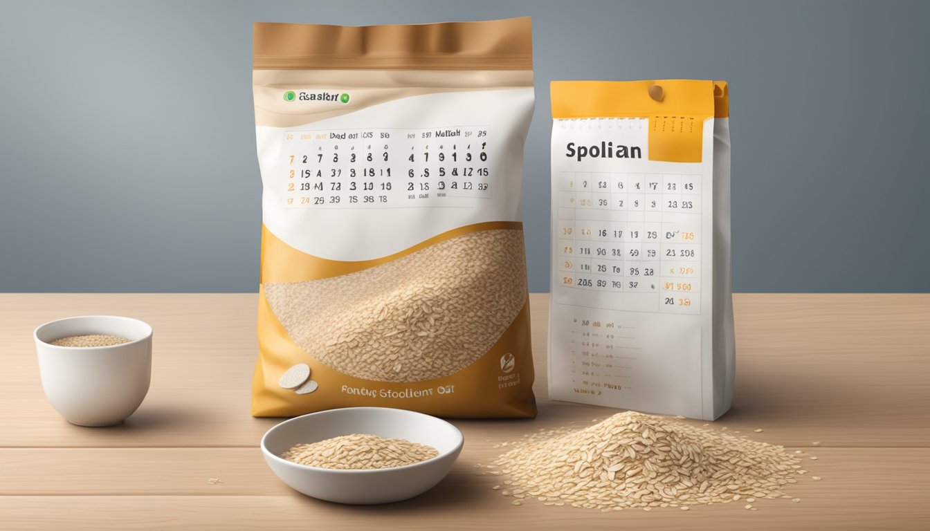 A bag of oat bran opened with visible signs of spoilage, such as mold or discoloration, next to a calendar indicating the current date