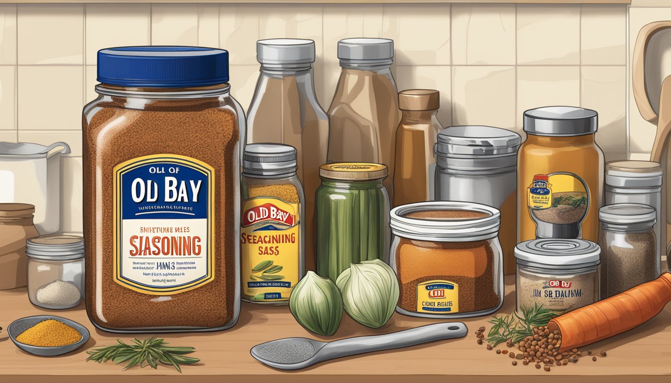 A jar of Old Bay Seasoning sits on a kitchen counter, surrounded by various spices and cooking utensils. The label on the jar indicates the expiration date