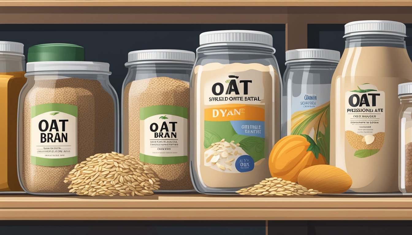 A jar of oat bran sits on a kitchen shelf, surrounded by other pantry items. The label indicates the expiration date, showing the shelf life duration