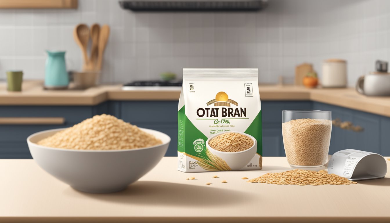 A bag of oat bran sits on a kitchen countertop, with a calendar in the background showing the current date and a bowl of oat bran cereal next to it