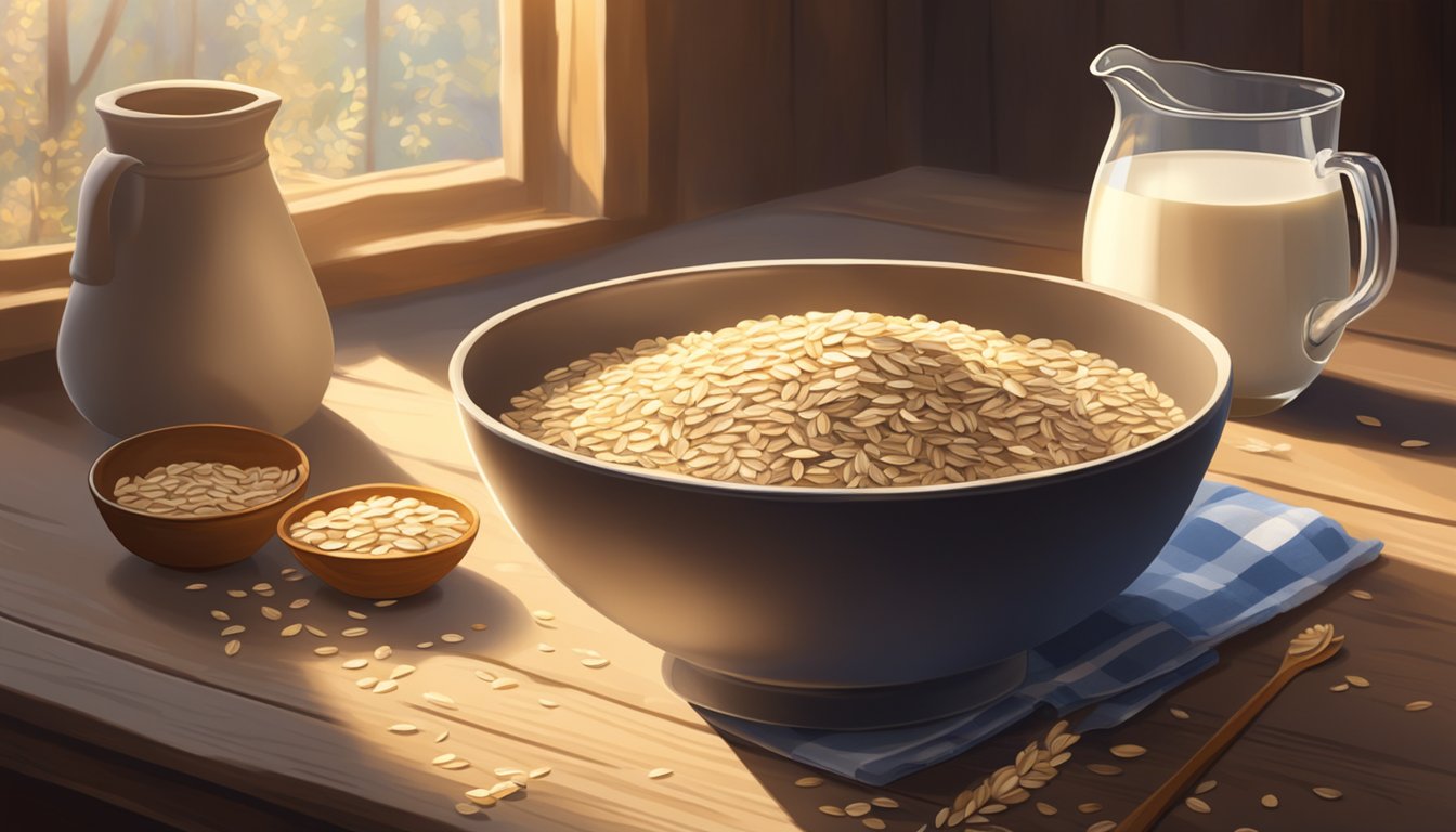 A bowl of oat bran sits on a rustic wooden table, surrounded by a scattering of oats and a jug of milk. Sunlight streams through a nearby window, casting a warm glow on the scene