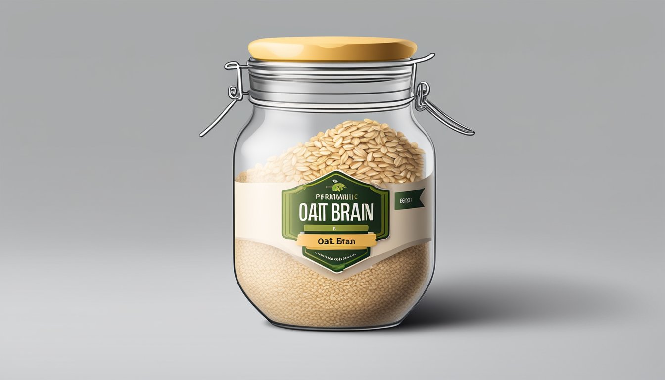 A clear glass jar filled with oat bran, with a label indicating the expiration date and packaging information