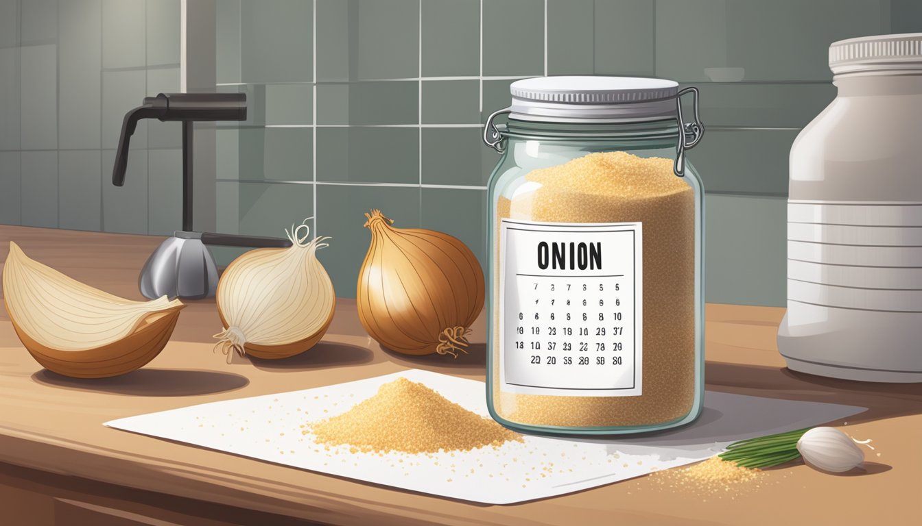 A jar of onion salt sits on a kitchen counter, next to a calendar showing the current date. The jar is open, and a small pile of the seasoning is spilled next to it