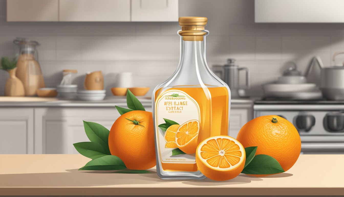 A clear glass bottle of orange extract sits on a kitchen counter, surrounded by fresh oranges. The label indicates the expiration date