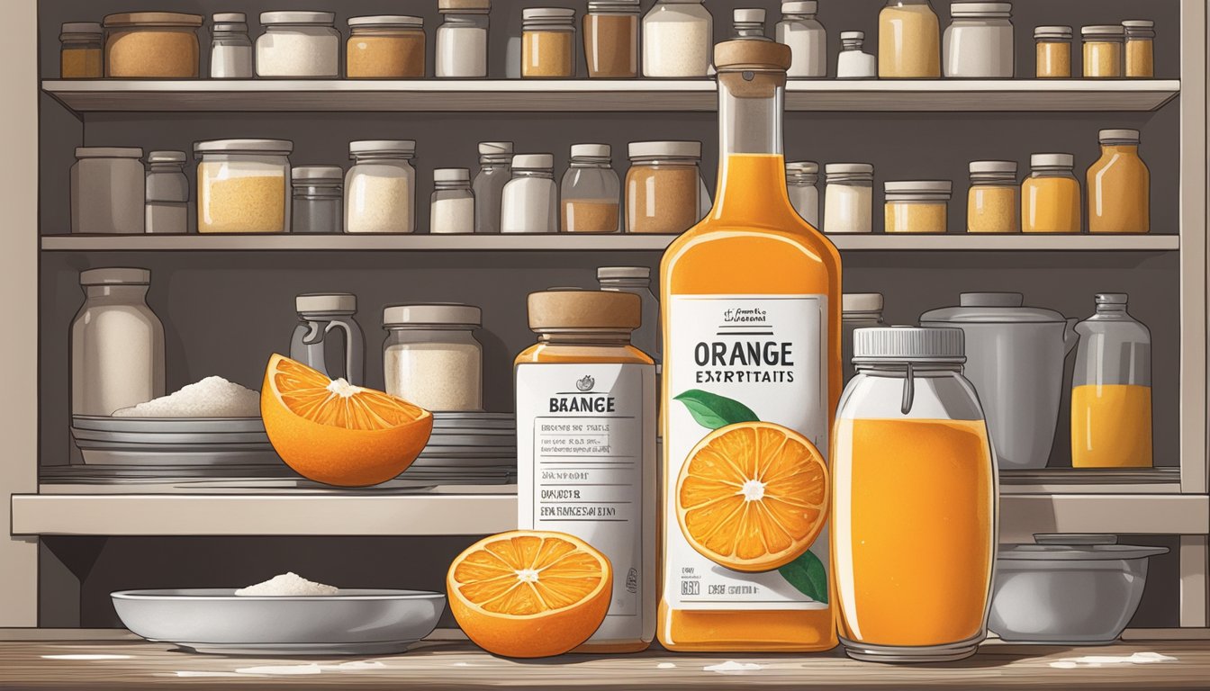 A bottle of orange extract sits on a kitchen shelf, surrounded by other baking ingredients. The label indicates the expiration date, while the liquid inside remains untouched