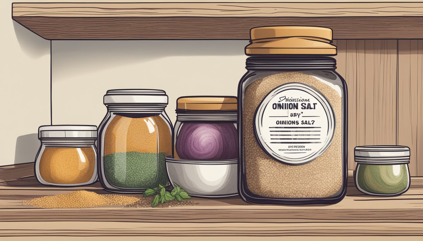 A jar of onion salt sits on a kitchen shelf, surrounded by other spices. The label indicates the expiration date, while the salt inside remains dry and free-flowing